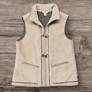 Woolrich Women M Khaki Faux Suede Sherpa Lined Toggle Full Zip Vest Warm Pockets